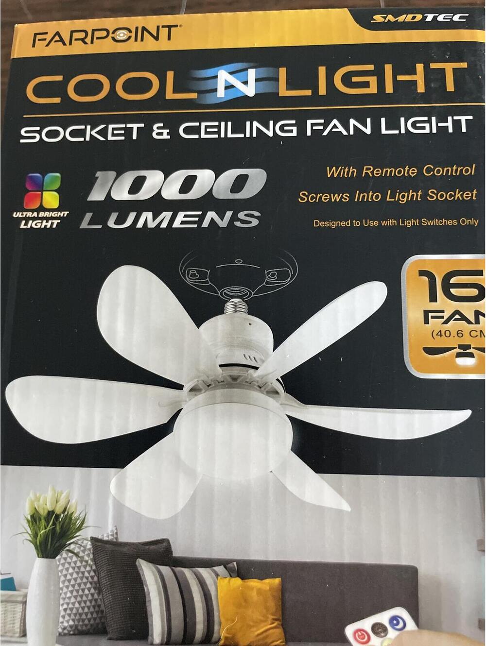 Farpoint Cool N Light Socket & Ceiling Fan Light with Remote Control New Open